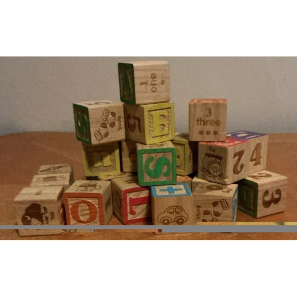 Lot Of 30 Vtg Wooden Toy Stacking Building Blocks  Alphabet,‎ Letters, Numbers
